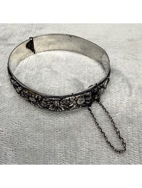 Rare Signed French Art Nouveau Sterling Silver Bangle Clasp CF Paris Sunflower